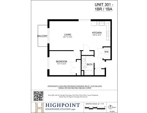 Floor plan for 1 bed, 1 bath, 1057 sqft